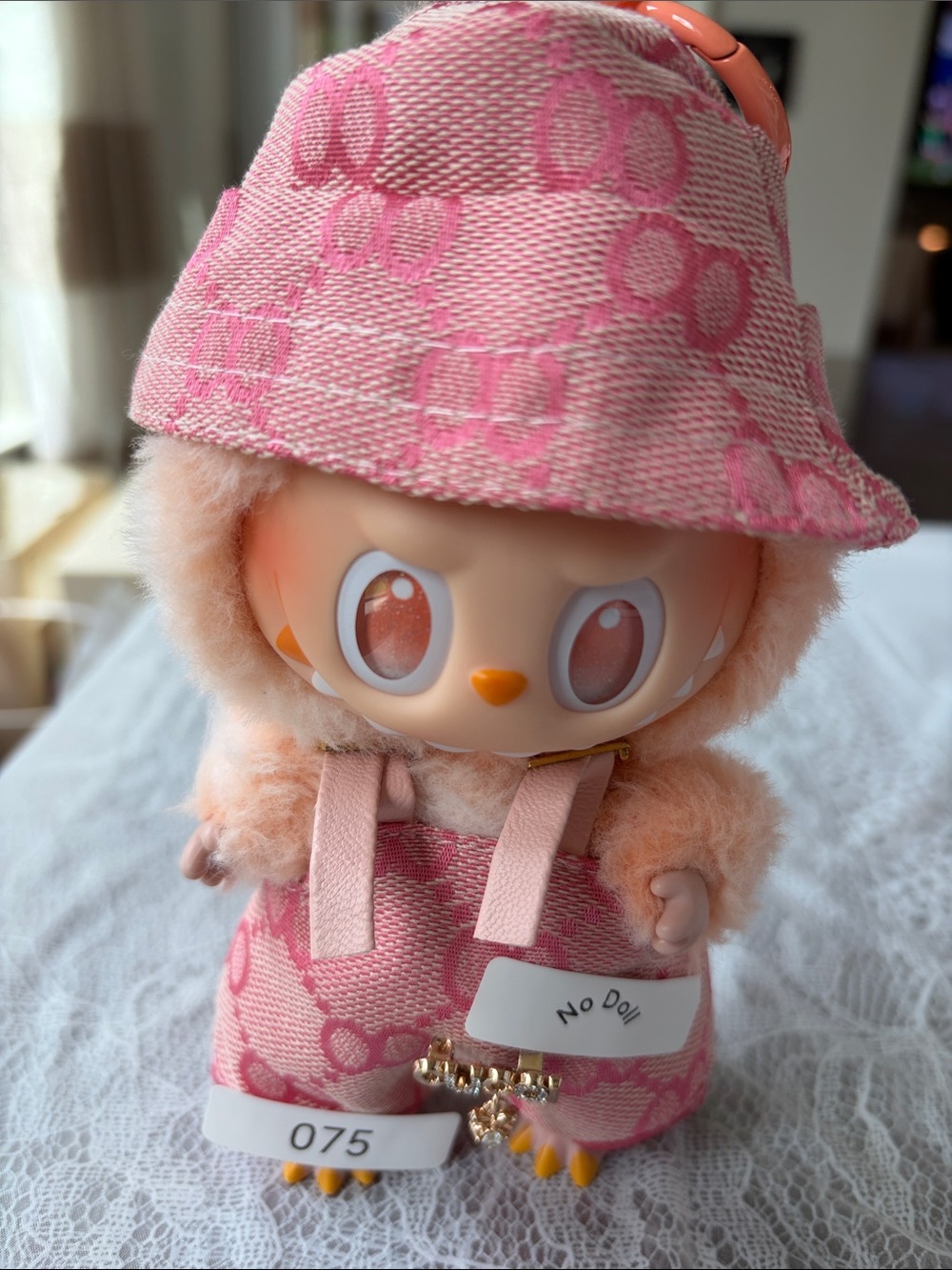 075,2 Piece Outfit Patterned Bucket -Pink Overalls for Labubu doll (No Doll)